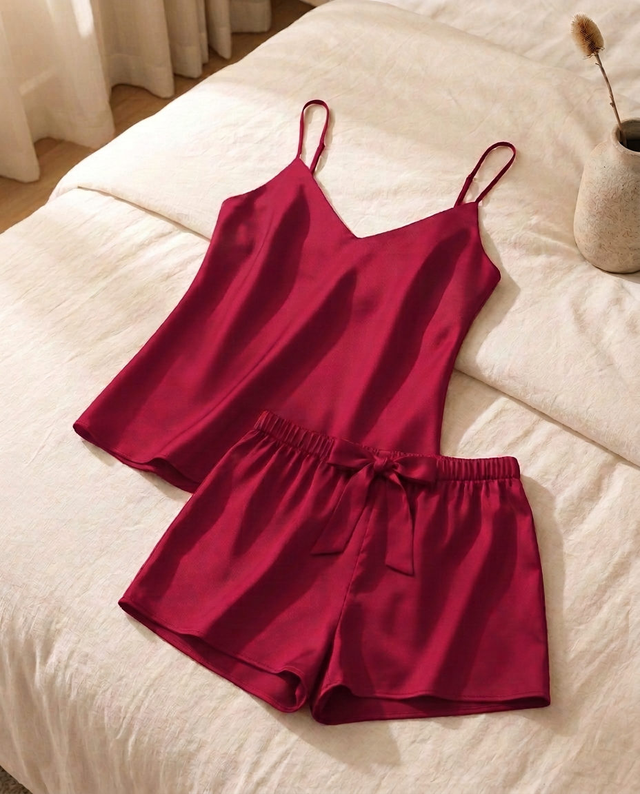 The Silk Camisole Set in Rouge laid on ivory linen